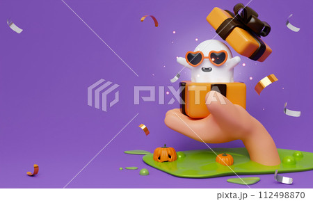 Happy Halloween Festiv. hand hold ghost emerges from a gift box with balloon and pumpkin on purple background. Holiday Hallows' Eve or Saints' Eve. copy space. 3d render. Happy Halloween Festiv. hand hold ghost emerges from a gift box with balloon and pumpkin on purple background. Holiday Hallows' Eve or Saints' Eve. copy space. 3d render. 112498870