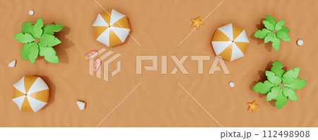 3d render top view. summer beach scene and palm leaves, umbrella. Summer time season background. 112498908