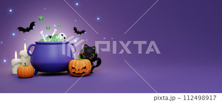 Happy Halloween Festive. Halloween poison pumpkin, candle, black cat and bat . 3d cartoon style. Holiday Hallows' Eve or Saints' Eve. copy space. 3d render. 112498917