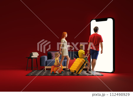 Family, man, woman and children with suitcases stepping into giant 3D model smartphone screen, indicating travelling. Online booking services, tickets Family, man, woman and children with suitcases stepping into giant 3D model smartphone screen, indicating travelling. Online booking services, tickets 112498929