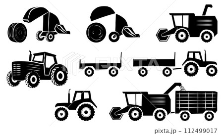A set of agricultural machinery silhouettes isolated on white background. Combine harvester and tractor with trailer. Clipart. 112499017