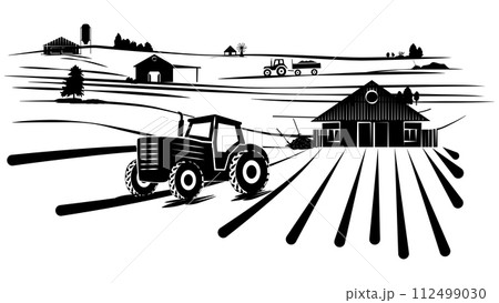 Silhouette scene from farm life with fields with tractors, barns and houses isolated on white background. Rural clipart. Silhouette scene from farm life with fields with tractors, barns and houses isolated on white background. Rural clipart. 112499030