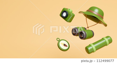 3d gadgets for camping and elements for camping, trip, hiking. Concept. 3d rendering illustration. 112499077