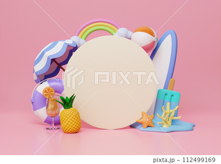 Summer time 3d illustration design with white circle for text and colorful beach elements. Creative summer concept idea. illustration banner. 3d rendering illustration 112499169