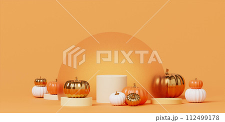 Halloween with pumpkin and empty minimal podium pedestal product display background and Halloween Elements. 3d render. Halloween with pumpkin and empty minimal podium pedestal product display background and Halloween Elements. 3d render. 112499178