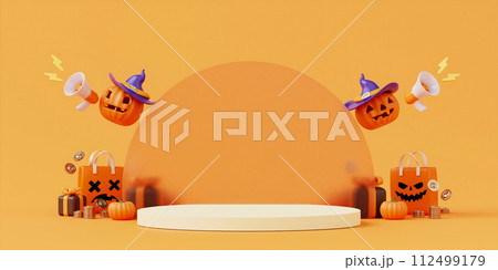 Halloween with pumpkin and empty minimal podium pedestal product display background and Halloween Elements. 3d render. 112499179