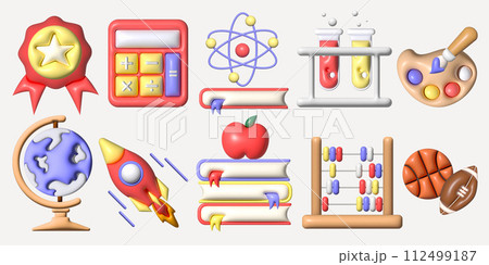 3d education set, symbol for back to school. 3d cartoon minimal illustration 3d education set, symbol for back to school. 3d cartoon minimal illustration 112499187