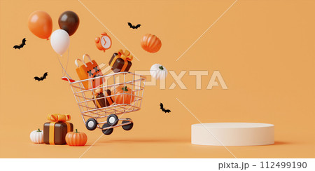 Halloween with pumpkin and empty minimal podium pedestal product display background and Halloween Elements. 3d render. Halloween with pumpkin and empty minimal podium pedestal product display background and Halloween Elements. 3d render. 112499190