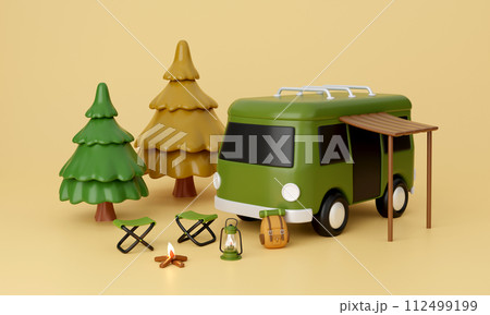 3d Camp van and elements for camping, camp fire, trip, hiking. Concept. 3d rendering illustration. 3d Camp van and elements for camping, camp fire, trip, hiking. Concept. 3d rendering illustration. 112499199