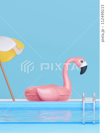 3d flamingo podium and yellow umbrella in a swimming pool. for fun and enjoy tropical. 3d rendering illustration 112499215