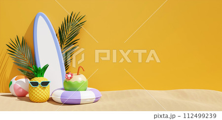 surfboard with coconut in swimming ring, and beach accessories. summer vacation and holidays concept copy space. 3d illustration. banner 3d rendering illustration 112499239