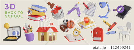 Collection of 3d back to school icon minimal 3D Illustration School Education. Collection of 3d back to school icon minimal 3D Illustration School Education. 112499241