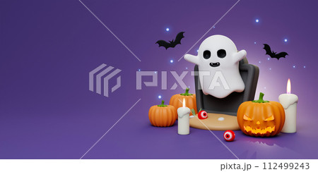 Happy Halloween Festive. Halloween white ghost cute smile face. 3d cartoon style. Holiday Hallows' Eve or Saints' Eve. copy space. 3d render. Happy Halloween Festive. Halloween white ghost cute smile face. 3d cartoon style. Holiday Hallows' Eve or Saints' Eve. copy space. 3d render. 112499243