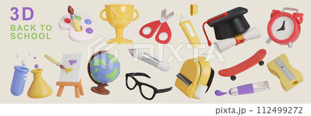 Collection of 3d back to school icon minimal 3D Illustration School Education. Collection of 3d back to school icon minimal 3D Illustration School Education. 112499272