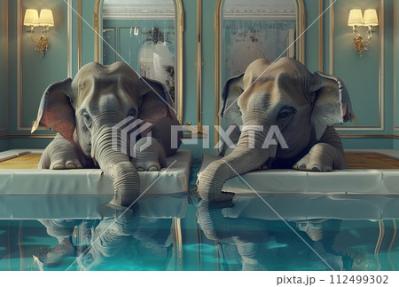 AI-generated content. Elephants cool off on a hot day by relaxing in a refreshing pool of water 112499302