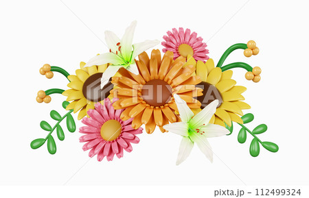 3d decorative flowers. Colorful spring bouquet. Floral arrangement garland. icon isolated on white background. 3d rendering illustration. Clipping path. 112499324