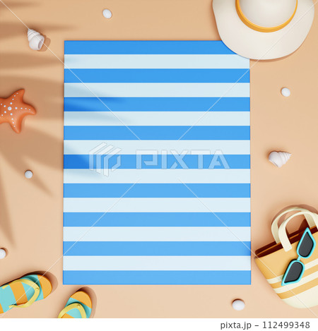 Flat lay summer vacation with beach towel, sandal, bag, sunglasses and hat. summer beach scene and shadow of palm leaves. illustration banner 3d rendering illustration 112499348