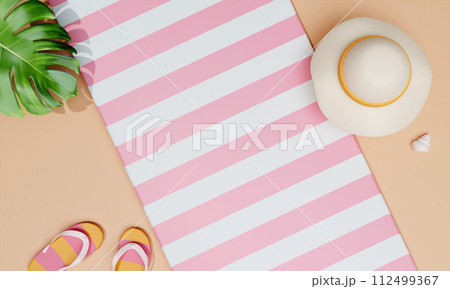 Flat lay summer vacation with beach accessories ready for summer vacation. summer beach scene and shadow of monstera leaves. illustration banner. 3d rendering illustration 112499367