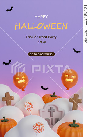 3d Happy Halloween background with text. cloud white pumpkins, grave, balloon and bat. Halloween concept. Traditional October holiday. copy space. 3d render. 112499401