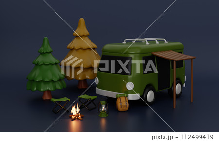 3d Night life Camping van and elements for camping, camp fire, trip, hiking. Concept. 3d rendering illustration. 3d Night life Camping van and elements for camping, camp fire, trip, hiking. Concept. 3d rendering illustration. 112499419