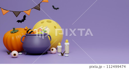 Happy Halloween Festive. Halloween poison pumpkin, candle, moon and bat . 3d cartoon style. Holiday Hallows' Eve or Saints' Eve. copy space. 3d render. Happy Halloween Festive. Halloween poison pumpkin, candle, moon and bat . 3d cartoon style. Holiday Hallows' Eve or Saints' Eve. copy space. 3d render. 112499474