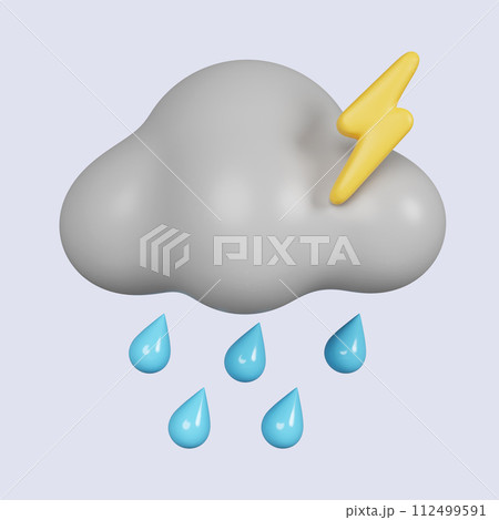 3d weather. cloud and rain with yellow glowing lightning bolt. icon isolated on gray background. 3d rendering illustration. Clipping path. 112499591