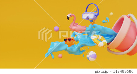 Summer time 3d illustration design with splash and colorful summer accessory on yellow background. Creative summer concept idea. illustration banner. 3d rendering illustration Summer time 3d illustration design with splash and colorful summer accessory on yellow background. Creative summer concept idea. illustration banner. 3d rendering illustration 112499596