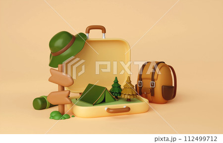 3d Campsite in nature and elements for camping, summer camp, traveling evening, trip, hiking. Concept. 3d rendering illustration. 112499712