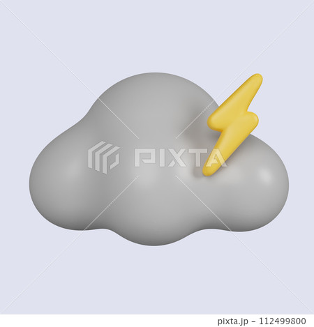 3d weather. cloud with yellow glowing lightning bolt. icon isolated on gray background. 3d rendering illustration. Clipping path. 112499800