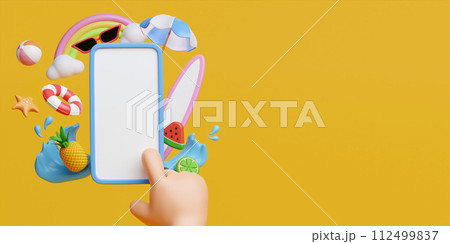 Hand using mobile phone with summer accessories on yellow background. concept of summer. 3d illustration banner. 3d rendering illustration 112499837