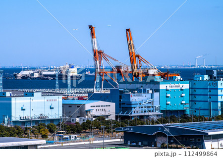 日本の横浜都市景観 2機の飛行機やガントリークレーン、新造LNG船「エネルギーリバティ」などを望む 日本の横浜都市景観 2機の飛行機やガントリークレーン、新造LNG船「エネルギーリバティ」などを望む 112499864