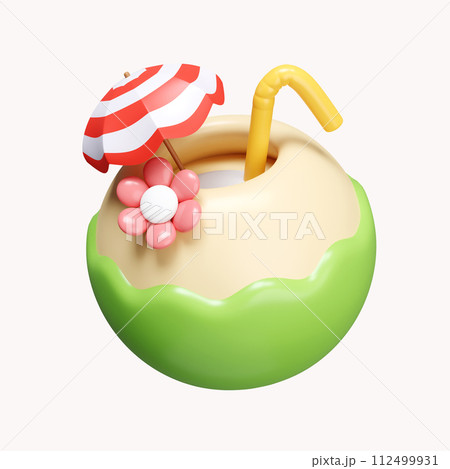 3d coconut water for summer time. summer vacation and holidays concept. icon isolated on white background. 3d rendering illustration. Clipping path. 3d coconut water for summer time. summer vacation and holidays concept. icon isolated on white background. 3d rendering illustration. Clipping path. 112499931