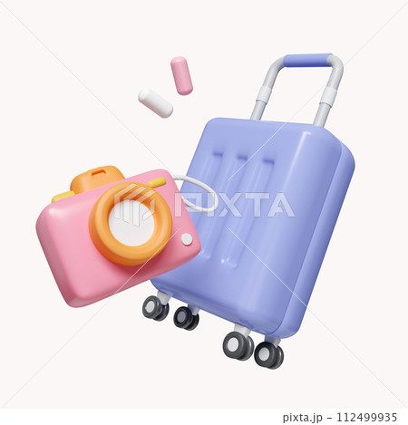 3d Time to travel. luggage and camera icon. time to travel. summer vacation and holidays concept. icon isolated on white background. 3d rendering illustration. Clipping path. 112499935