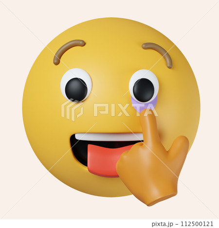 3d Goofy emoticon with crazy eyes and tongue out. Yellow face emoji. icon isolated on gray background. 3d rendering illustration. Clipping path. 112500121