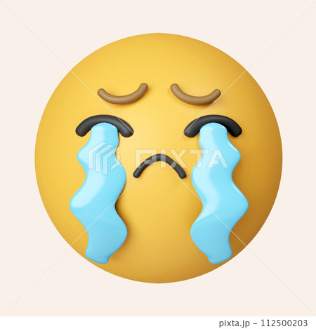 3d Loudly crying face icon. Yellow emoji with his mouth open, tears streaming from his closed eyes. icon isolated on gray background. 3d rendering illustration. Clipping path. 112500203