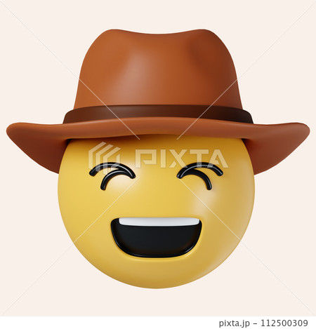 3d Cowboy hat emoji. Happy smiled emoticon with brown leather brimmed hat. icon isolated on gray background. 3d rendering illustration. Clipping path. 112500309