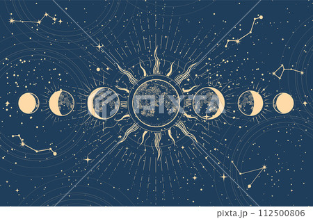 Lunar phases and moon eclipse, mystical moon in space, astrology and horoscope background, oneiromancy, vector Lunar phases and moon eclipse, mystical moon in space, astrology and horoscope background, oneiromancy, vector 112500806