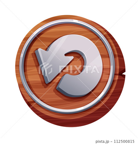 Wood circle panel with metal border, frame isolated on white background. Signboard bar, menu template, game ui background. Wood circle panel with metal border, frame isolated on white background. Signboard bar, menu template, game ui background. 112500815