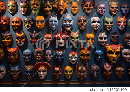 Vibrant collection of traditional venetian masks with various designs and expressions 112501109