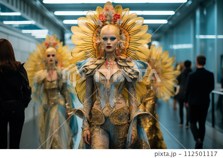 Two models dressed in opulent golden fantasy costumes pose at a stylish fashion event 112501117
