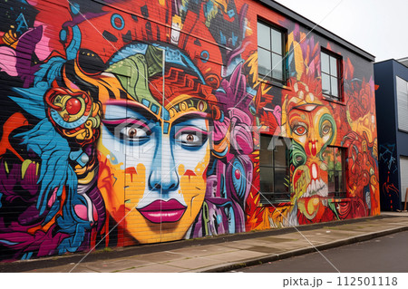 Explosion of color adorns a city wall with intricate graffiti art 112501118