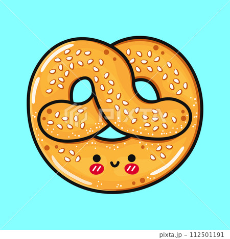 Cute funny French pretzel. Vector hand drawn cartoon kawaii character illustration icon. Isolated on blue background. French pretzel character concept Cute funny French pretzel. Vector hand drawn cartoon kawaii character illustration icon. Isolated on blue background. French pretzel character concept 112501191