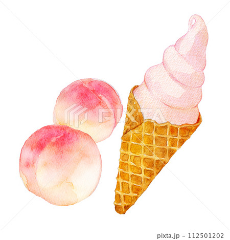 水彩イラスト　ご当地ソフトクリーム　桃ソフトクリーム 112501202