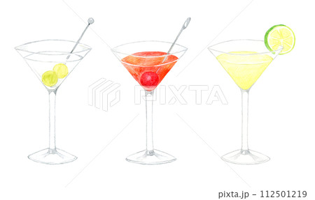 カクテルのセット 飲み物(お酒)の手描き水彩イラスト素材 カクテルのセット 飲み物(お酒)の手描き水彩イラスト素材 112501219