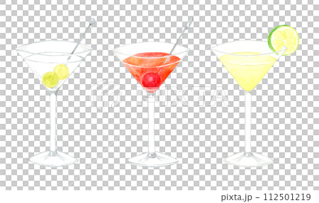 カクテルのセット 飲み物(お酒)の手描き水彩イラスト素材 カクテルのセット 飲み物(お酒)の手描き水彩イラスト素材 112501219