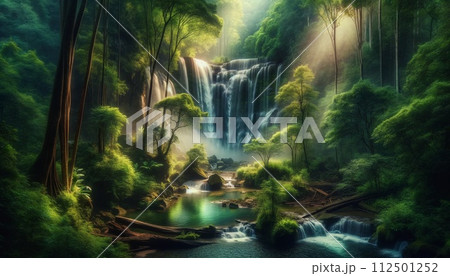 森の奥の神秘的な滝と生い茂る木々 112501252