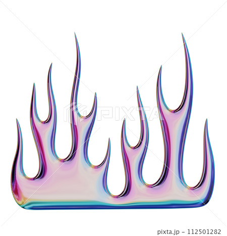 3D flame. Trendy Y2K element. Gradient colorful burning fire shape with glossy iridescent effect. 3D render. Isolated illustration 112501282