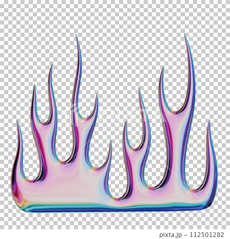 3D flame. Trendy Y2K element. Gradient colorful burning fire shape with glossy iridescent effect. 3D render. Isolated illustration 112501282