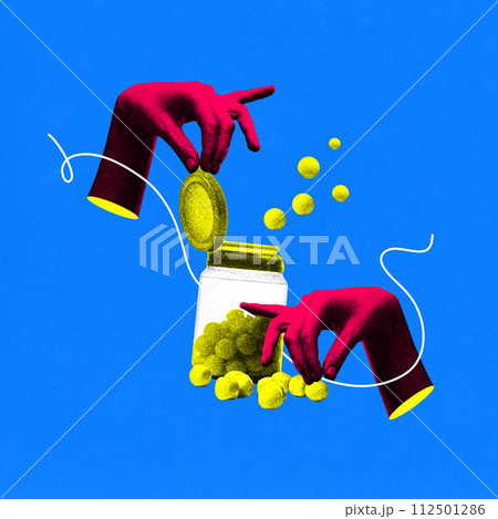 Poster. Contemporary art collage. Hands puts to bank yellow bubble gum against blue background. Vibrant abstract design. 112501286