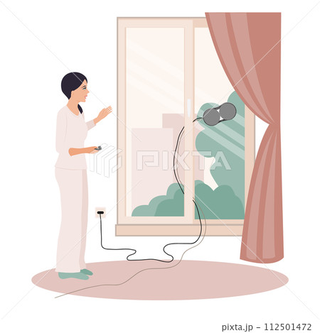 Woman cleaning windows at home with robotic cleaner. Vector illustration Woman cleaning windows at home with robotic cleaner. Vector illustration 112501472